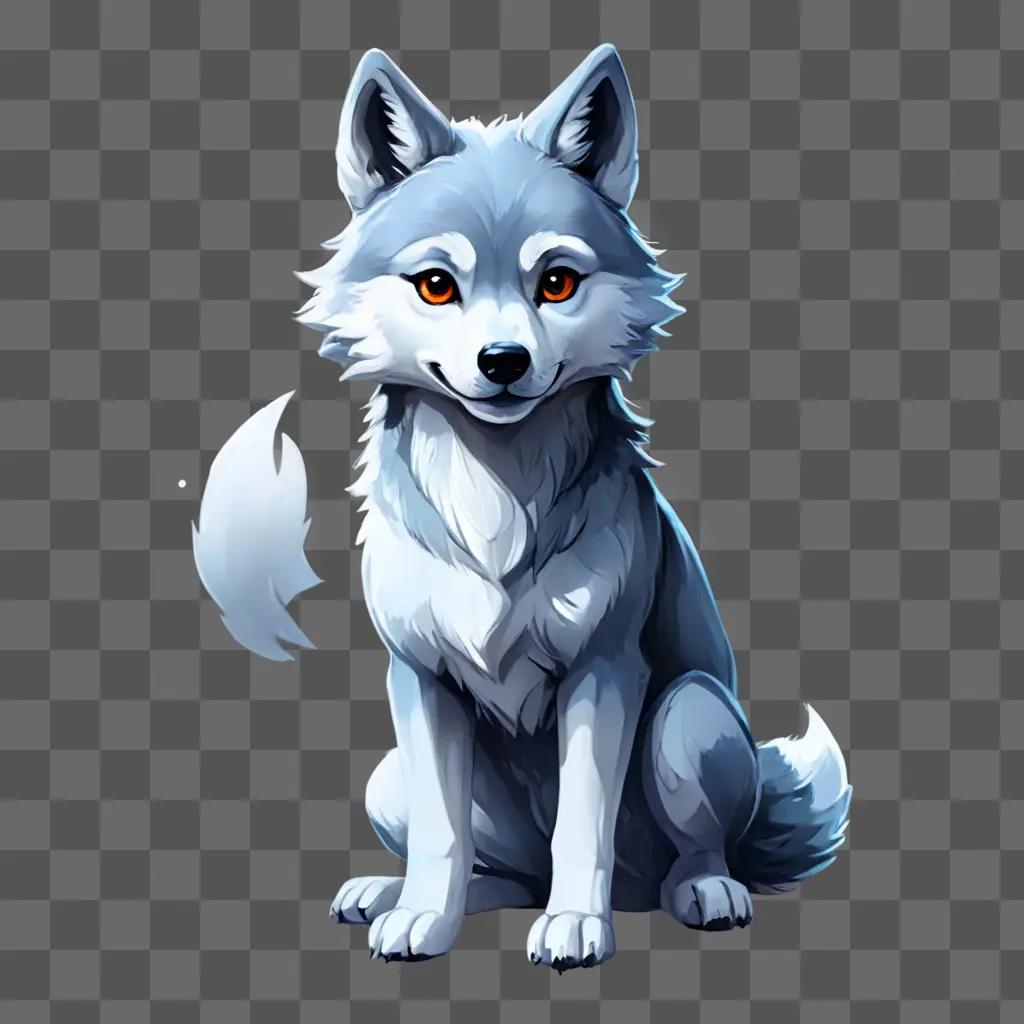 cute wolf drawing A wolf with orange eyes sits on a gray background