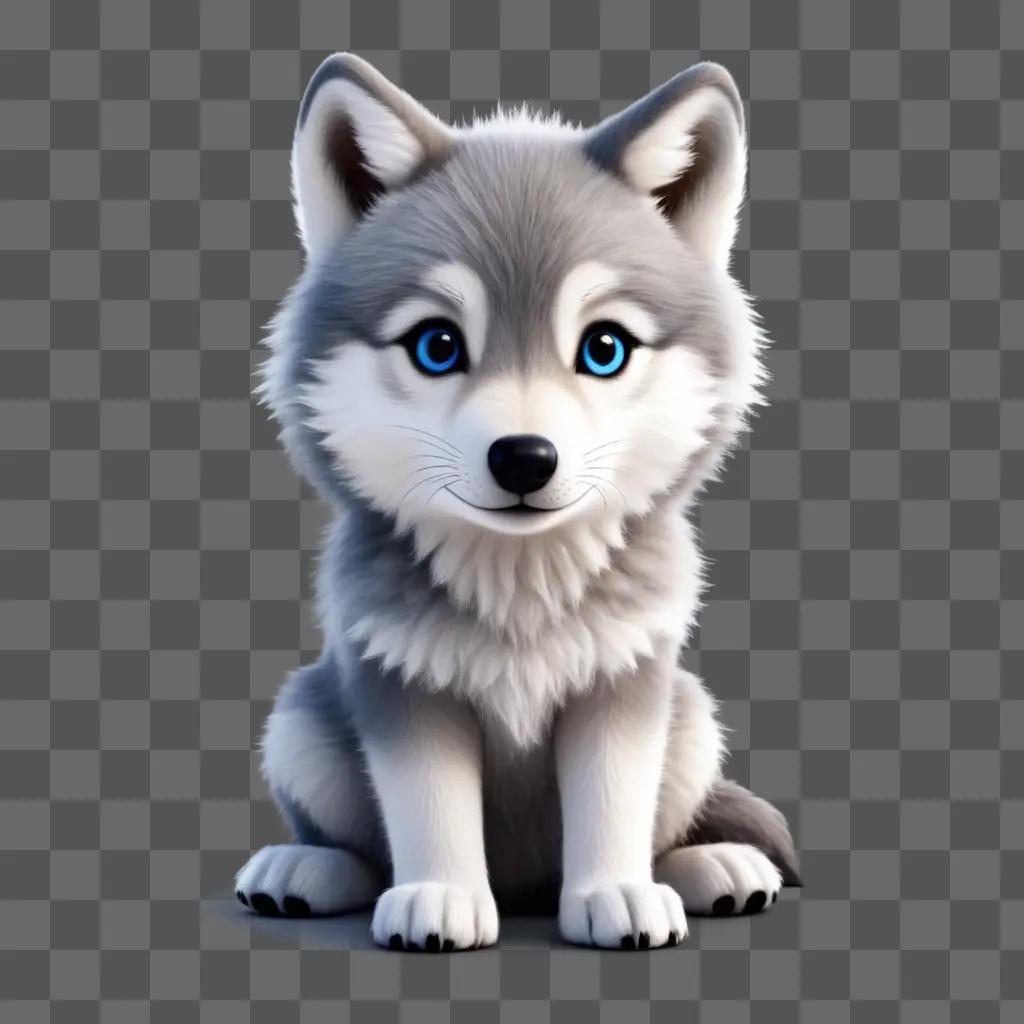 cute wolf sits in the middle of a gray background