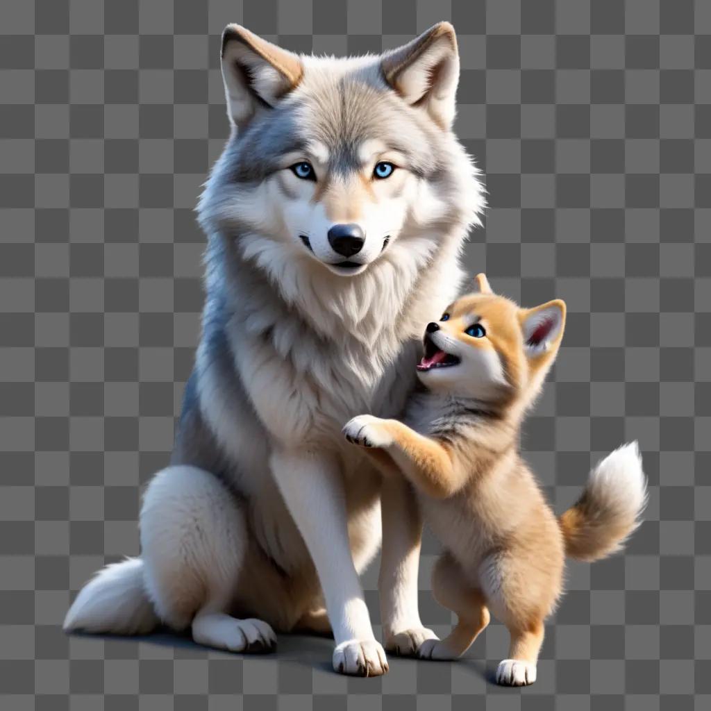 cute wolf with a small puppy by its side