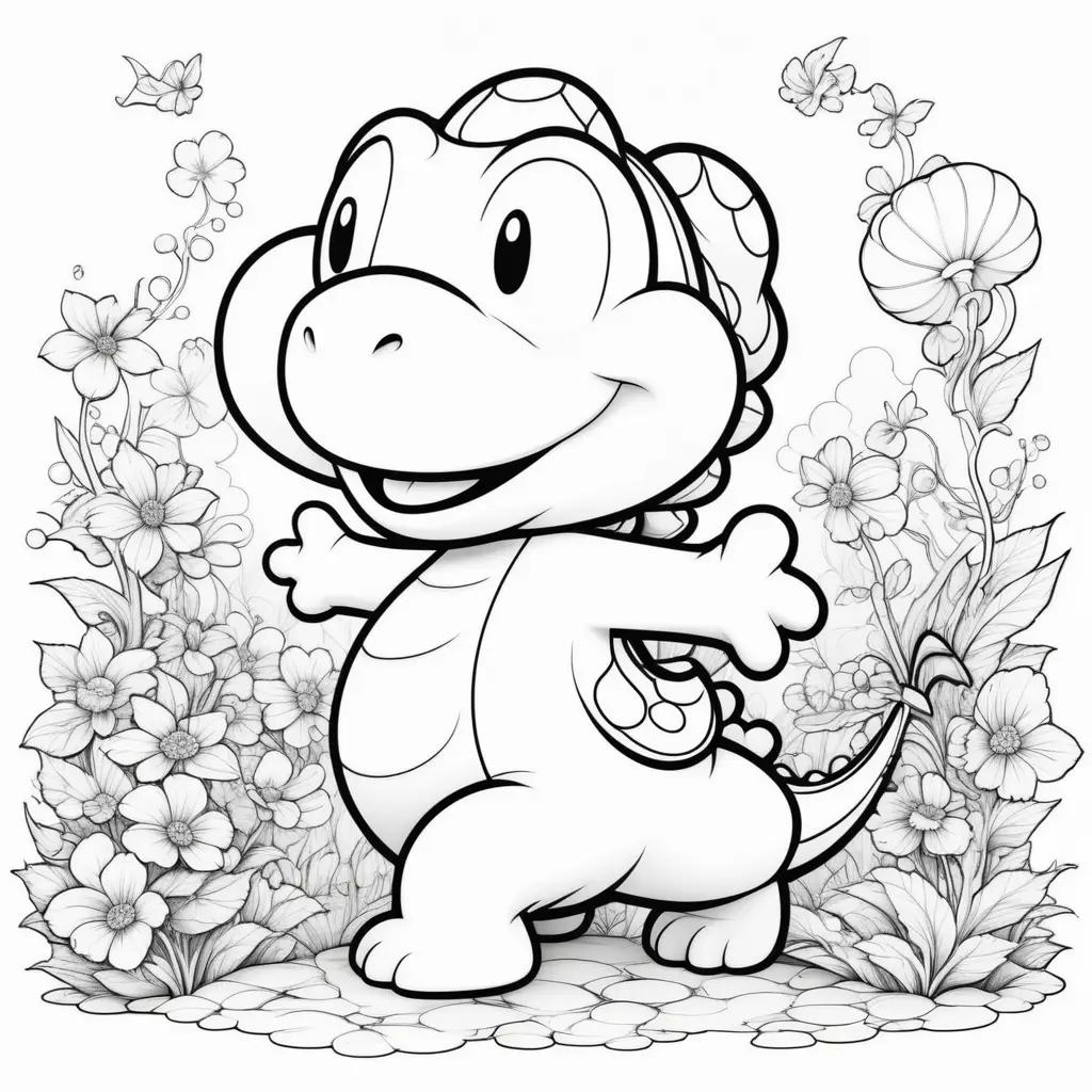 cute yoshi coloring page with flowers around it