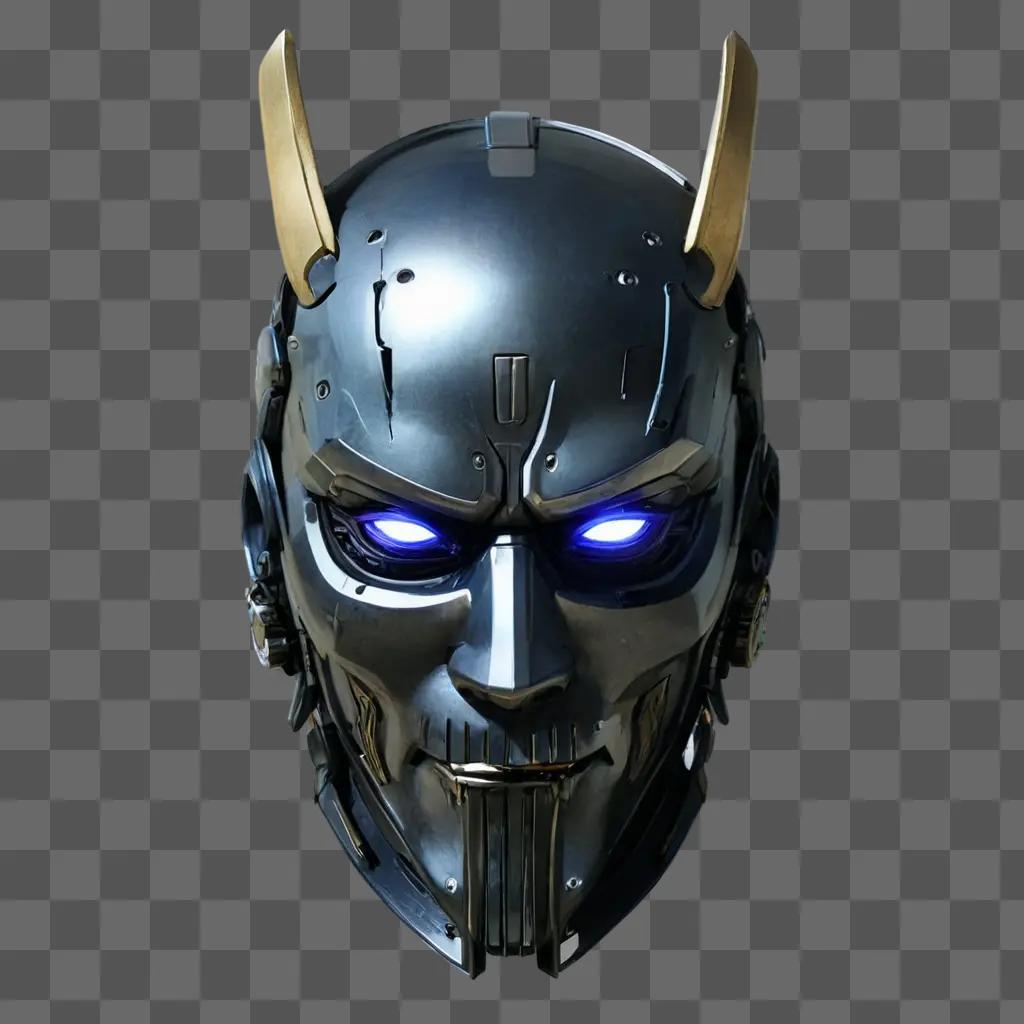 cyberpunk samurai mask A mechanical face with blue eyes and horns