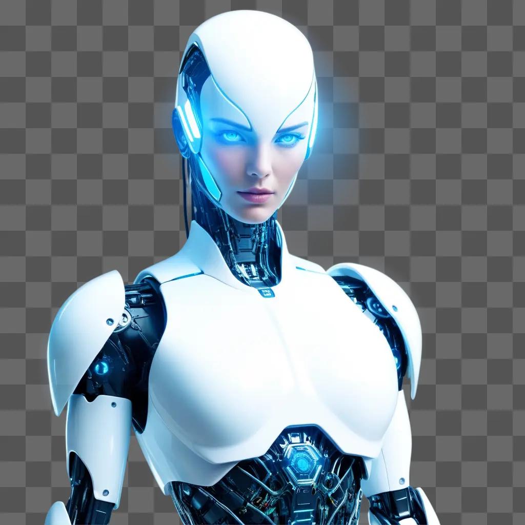 cyborg woman with glowing eyes stands in front of a blue background