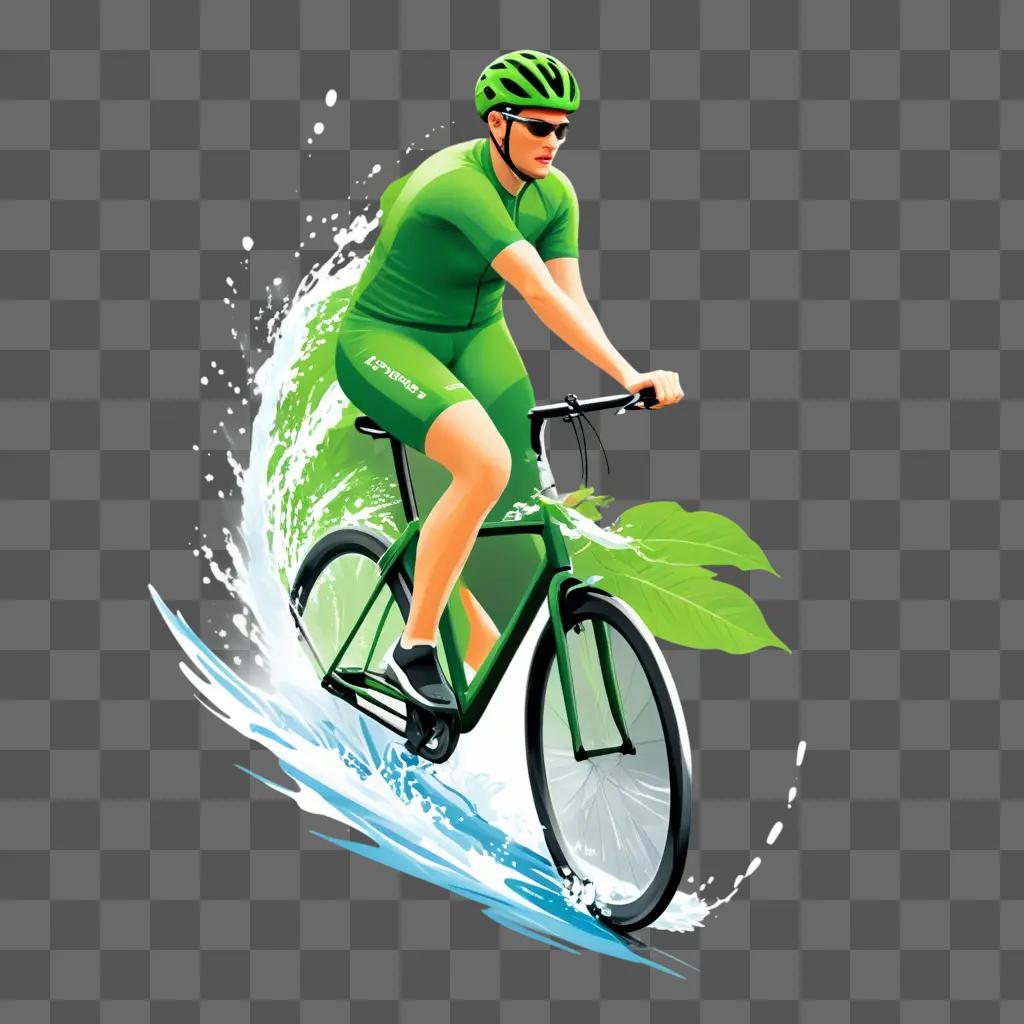 緑と青の水しぶきに乗るサイクリスト