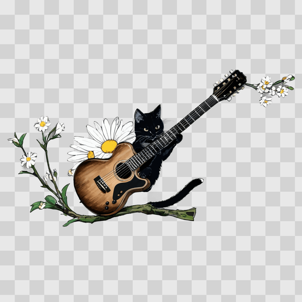 daisy flower drawing A cat plays guitar on a branch with flowers