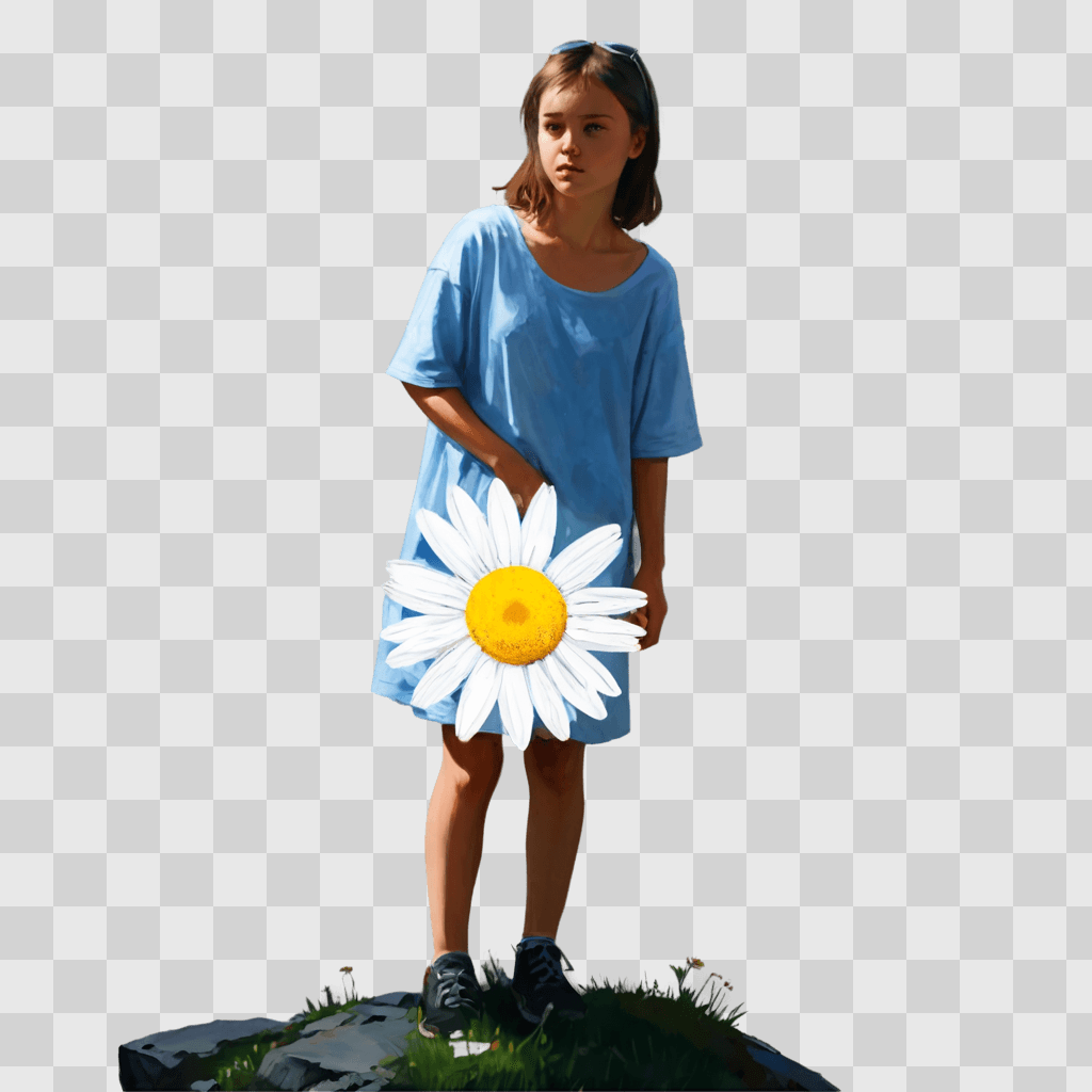 daisy flower drawing A girl in a blue dress holds a daisy