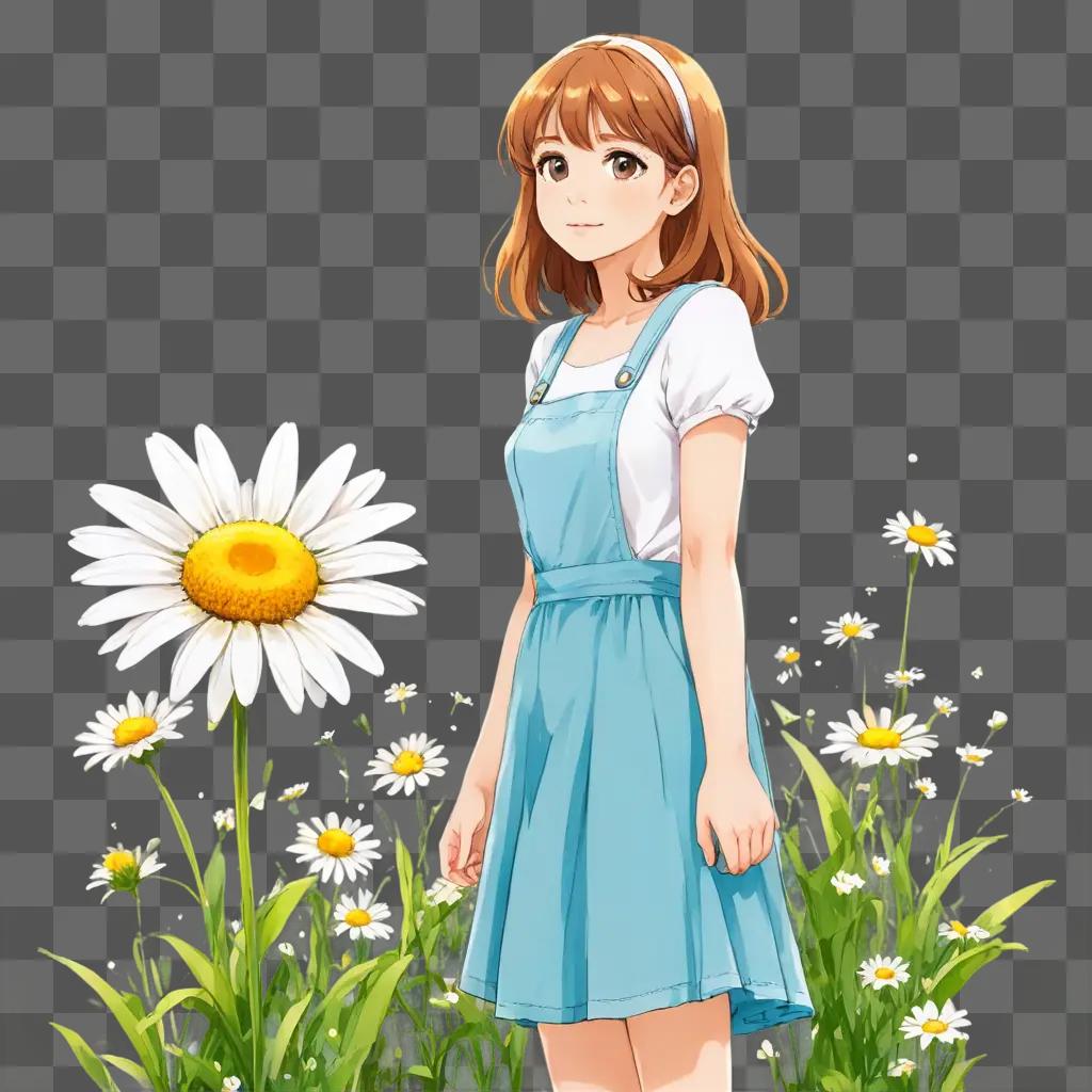 daisy flower drawing A girl in a blue dress stands in front of a flower garden