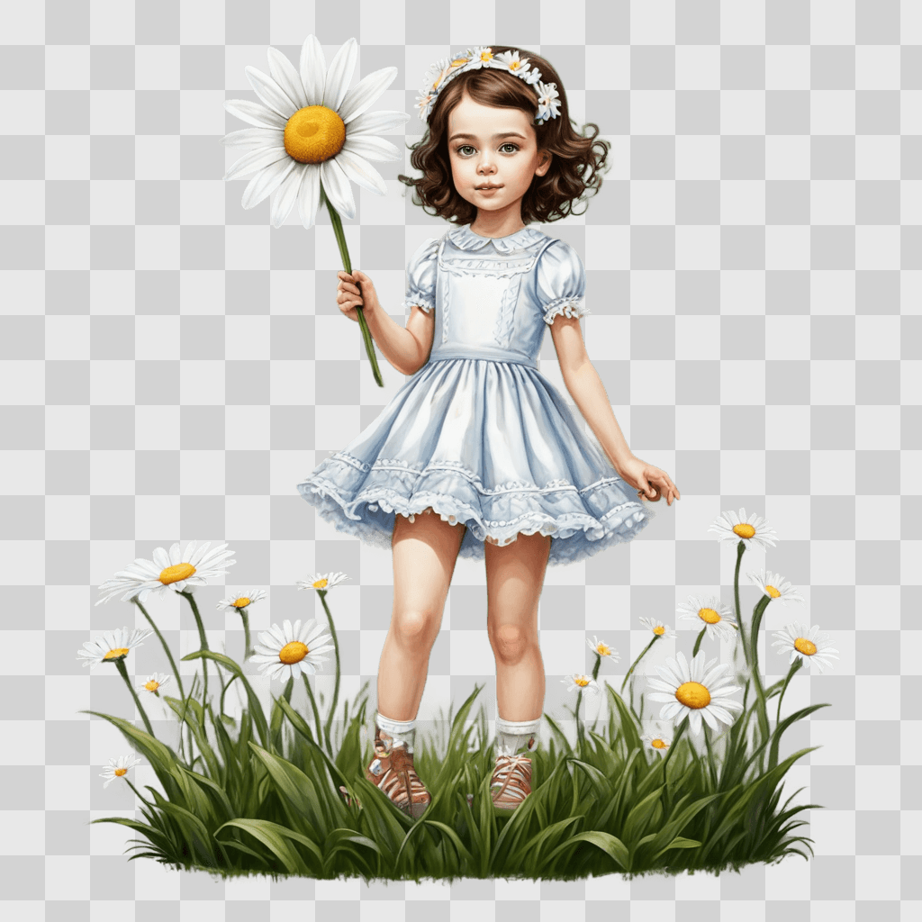 daisy flower drawing A little girl holding a daisy in a field