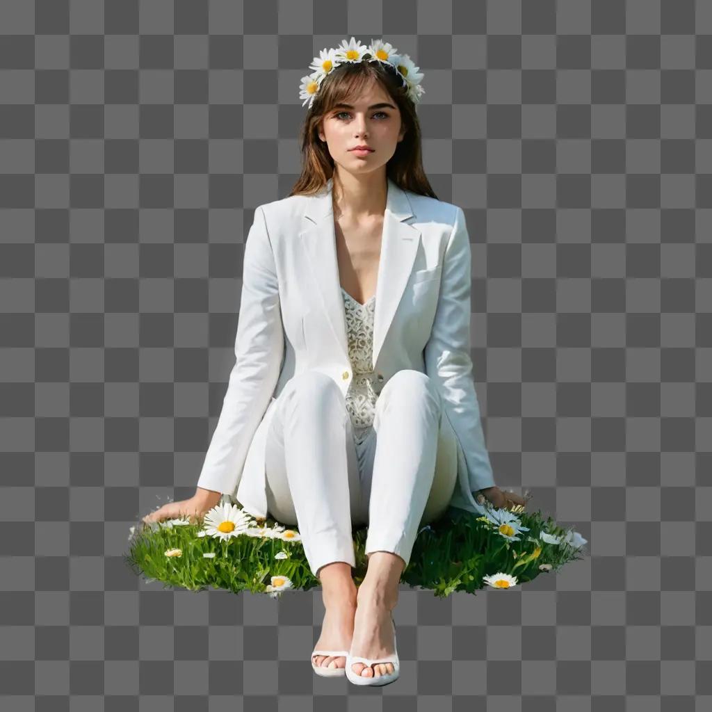 daisy flower drawing A woman sits in a white suit and a daisy crown