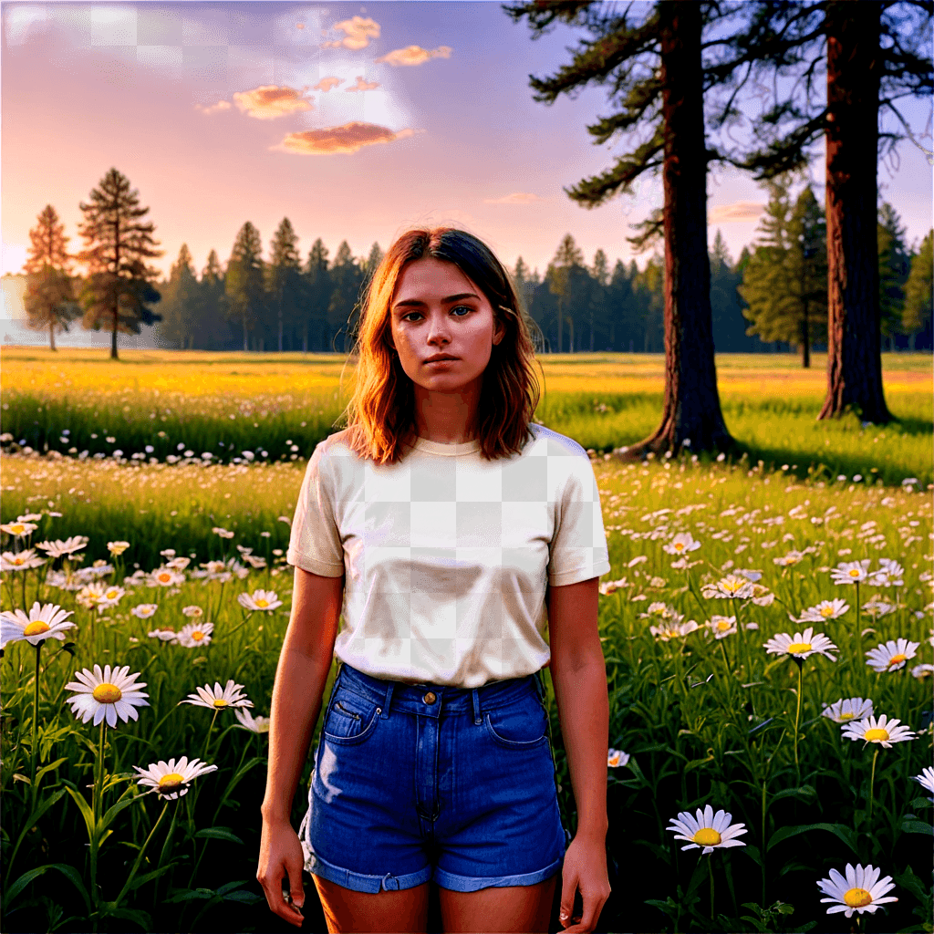 daisy flower drawing A woman stands in a field of flowers