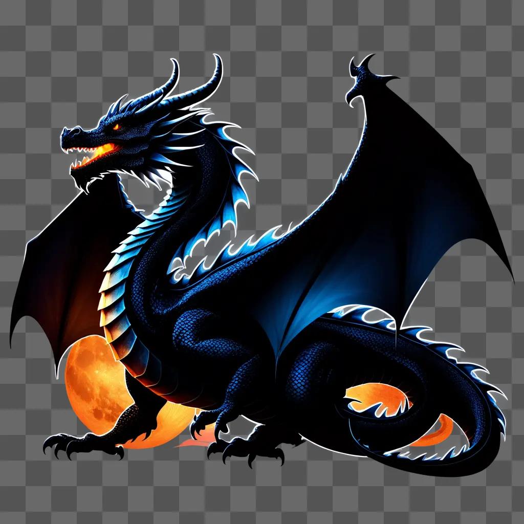 dark blue dragon with glowing eyes and a fiery tail