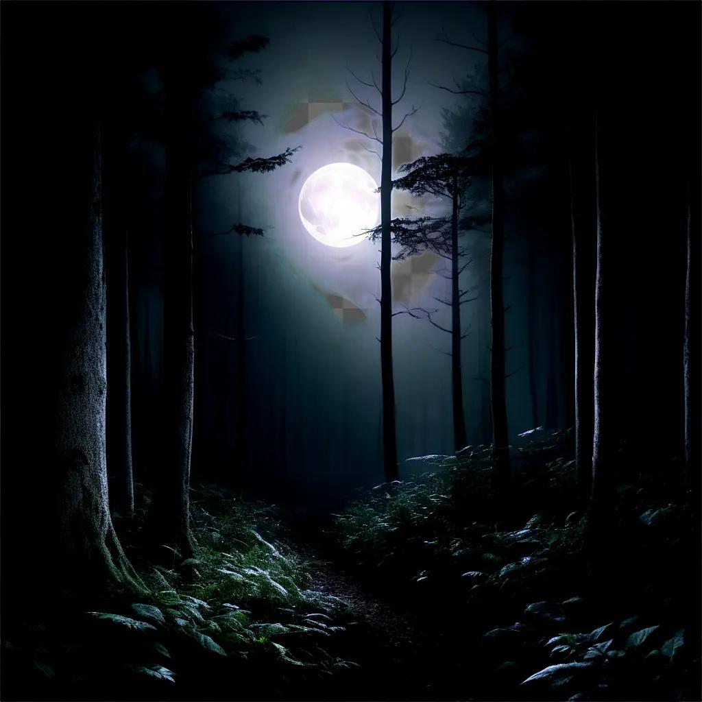 dark forest is illuminated by a glowing moon