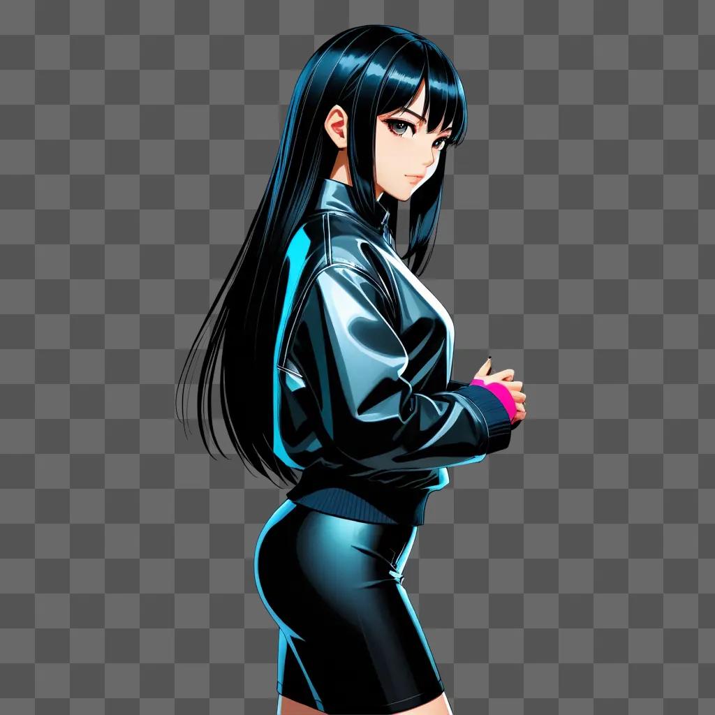 dark haired anime girl with a blue jacket