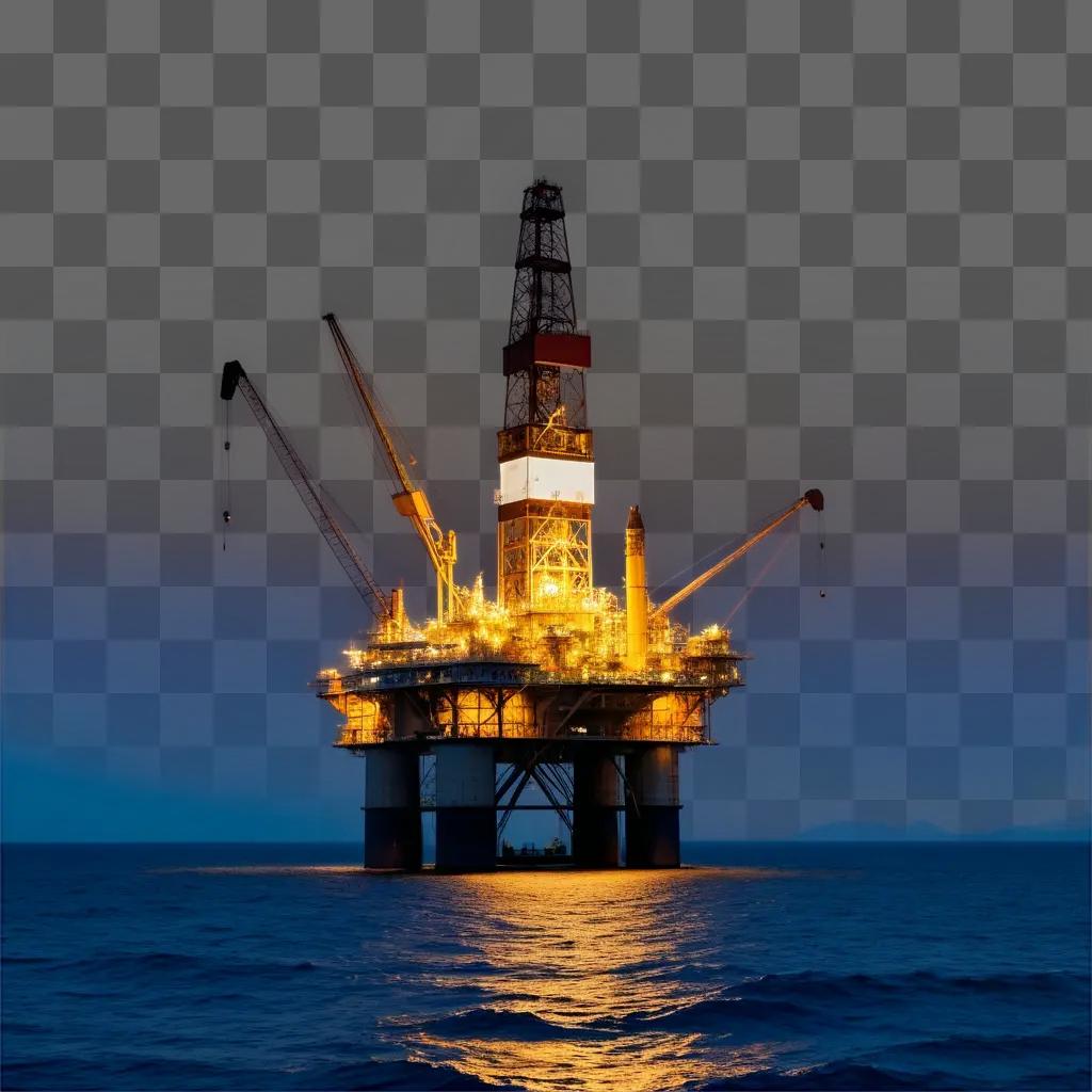夜の海に浮かぶ暗い石油掘削装置