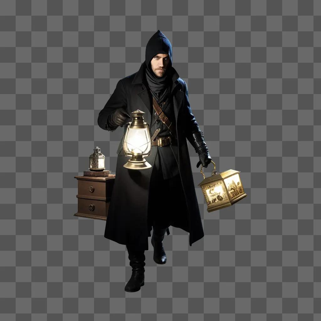 dark-suited thief holds a lantern in a darkened room