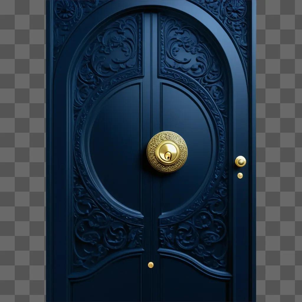 decorative blue door with a gold knob and handle