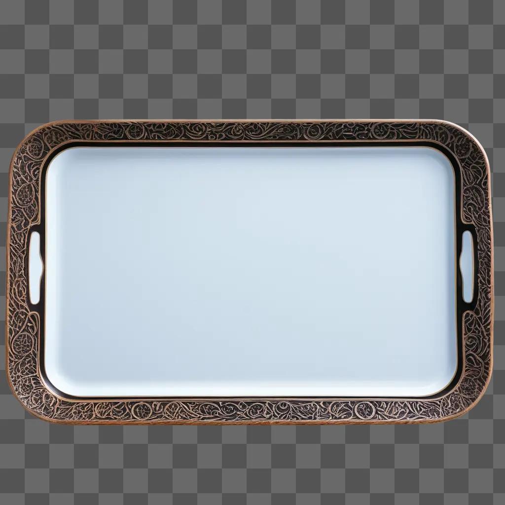 decorative tray sits on a gray background