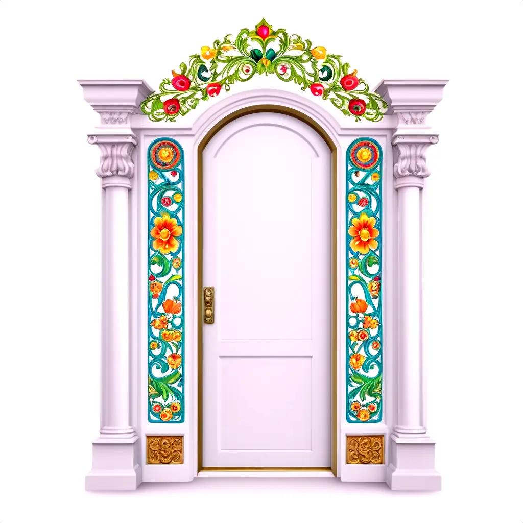 decorative white door with gold trim and floral decorations