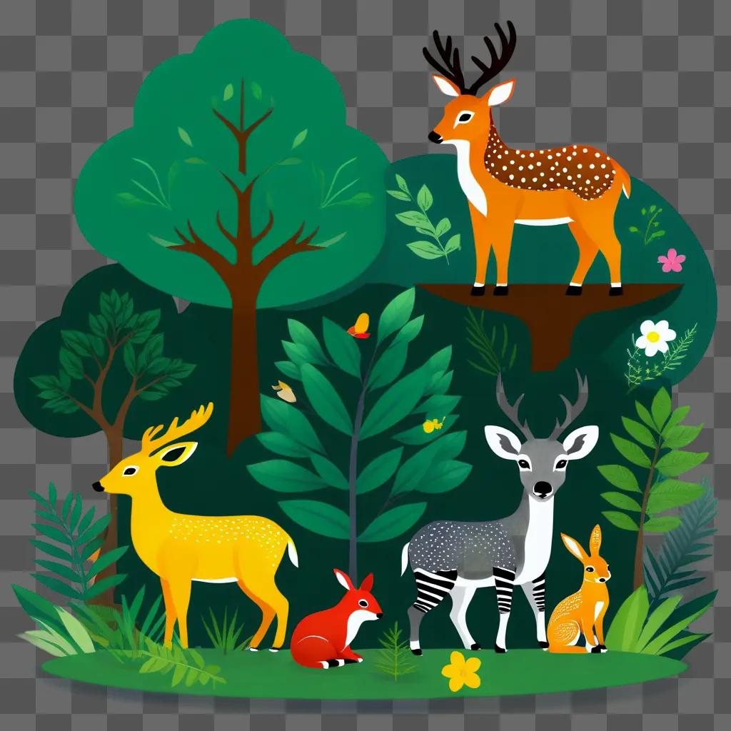 deer and animal collection on a green background