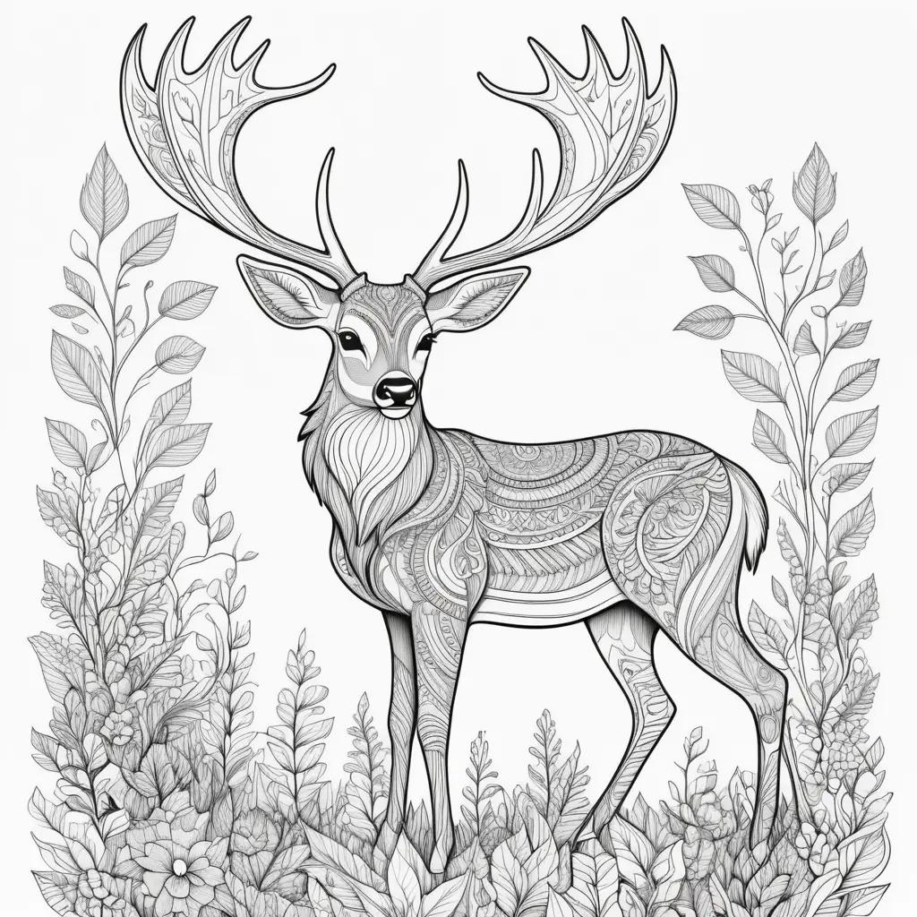 deer coloring page with intricate designs and leaves