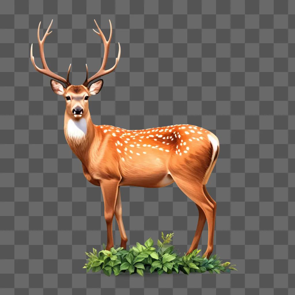 deer stands on a brown background with green leaves