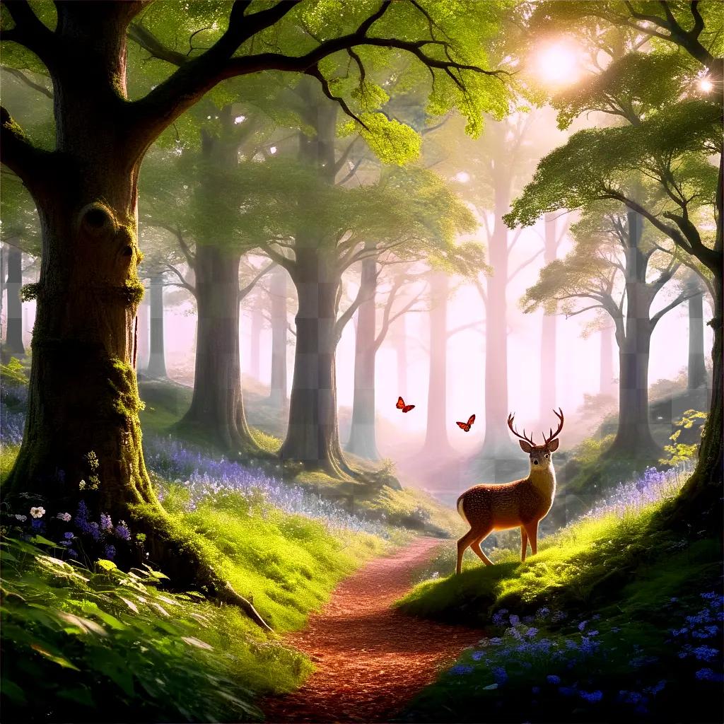 deer walks in a forest with butterflies