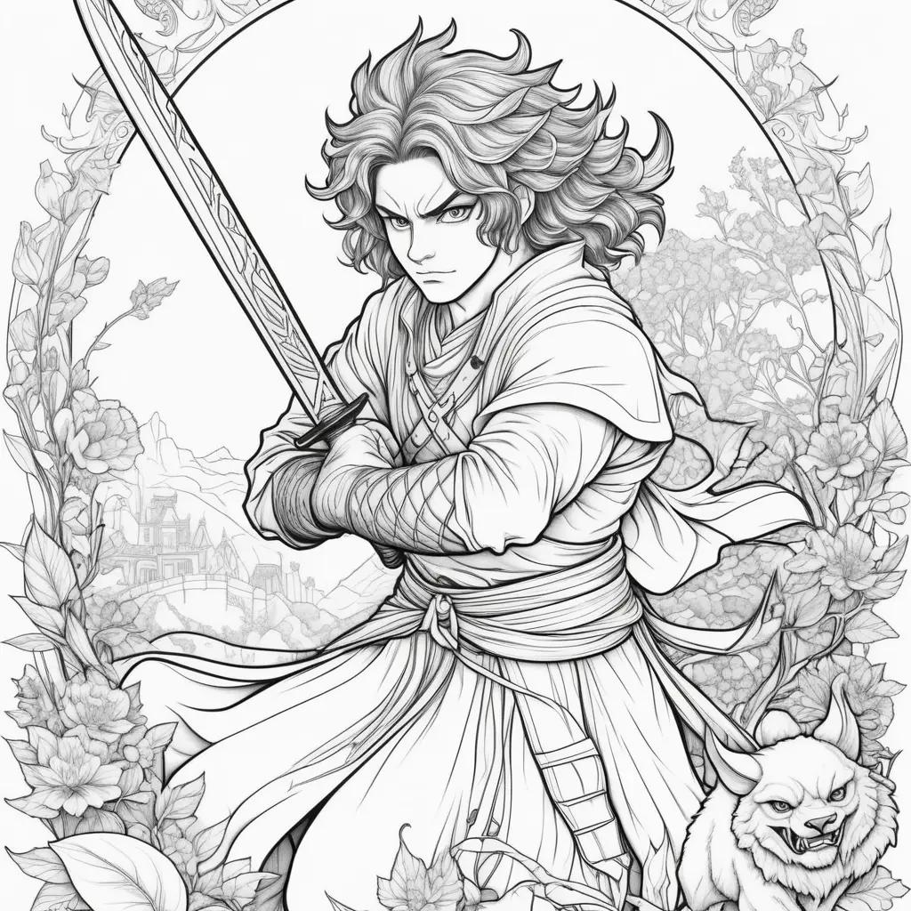 demon slayer coloring page features a sword and a wolf