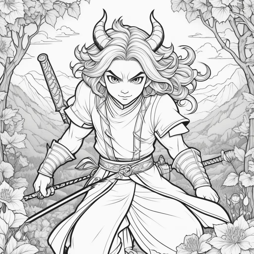 demon slayer coloring page features a warrior in a black outfit with horns