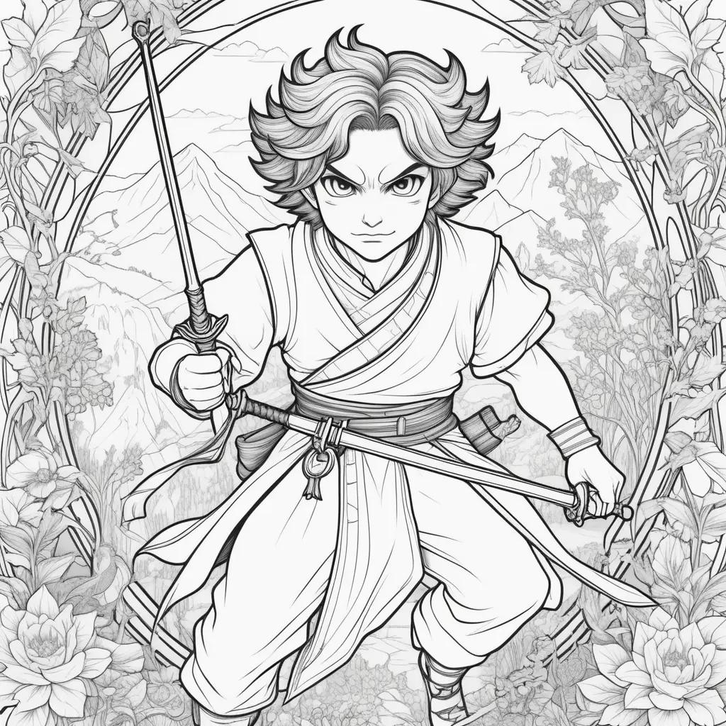 demon slayer coloring page with a sword and flowers