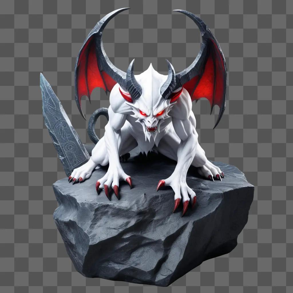 demon with a red glow on its wings and horns sits on a rock