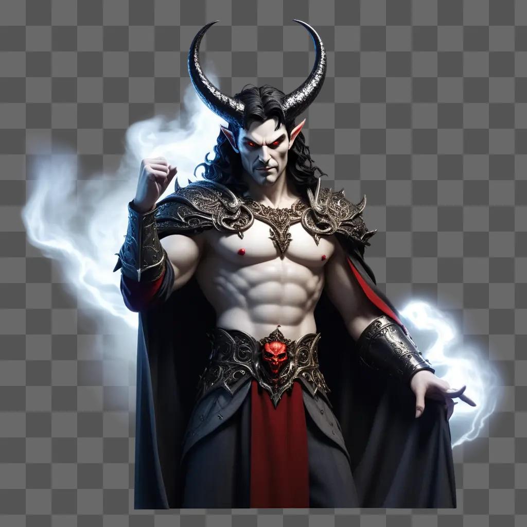 demon with horns and a red face is in a lightning background