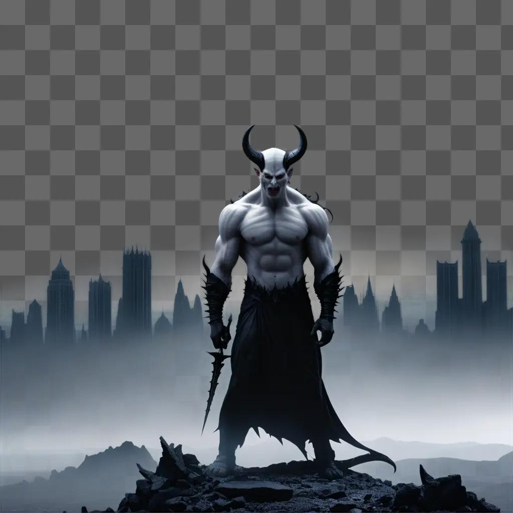 demonic figure stands in the cityscape