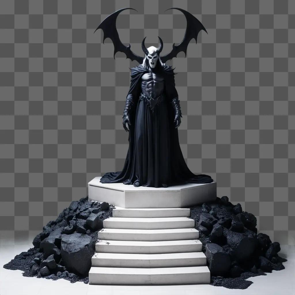 demonic figure stands on a stone staircase