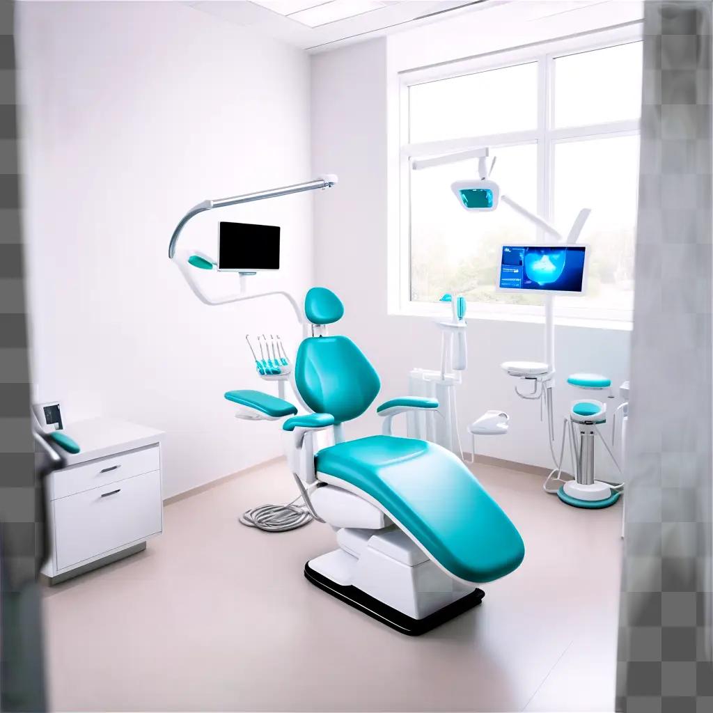 dentists office with a blue chair and white walls