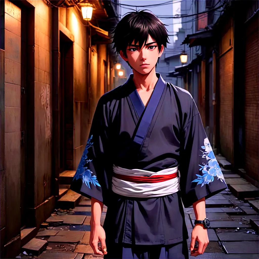 depressed anime boy An Asian man in a kimono stands in a narrow alley