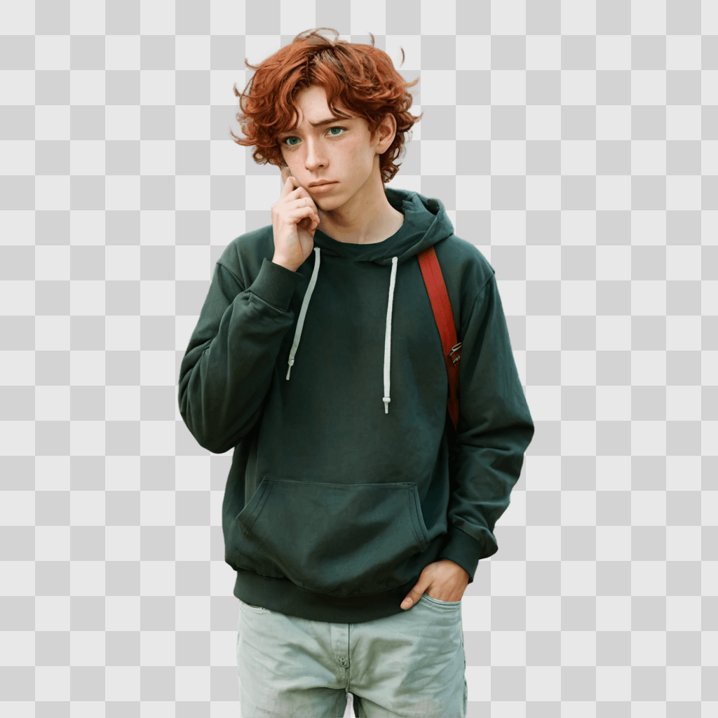 depressed anime boy Boy with red hair in green hoodie poses