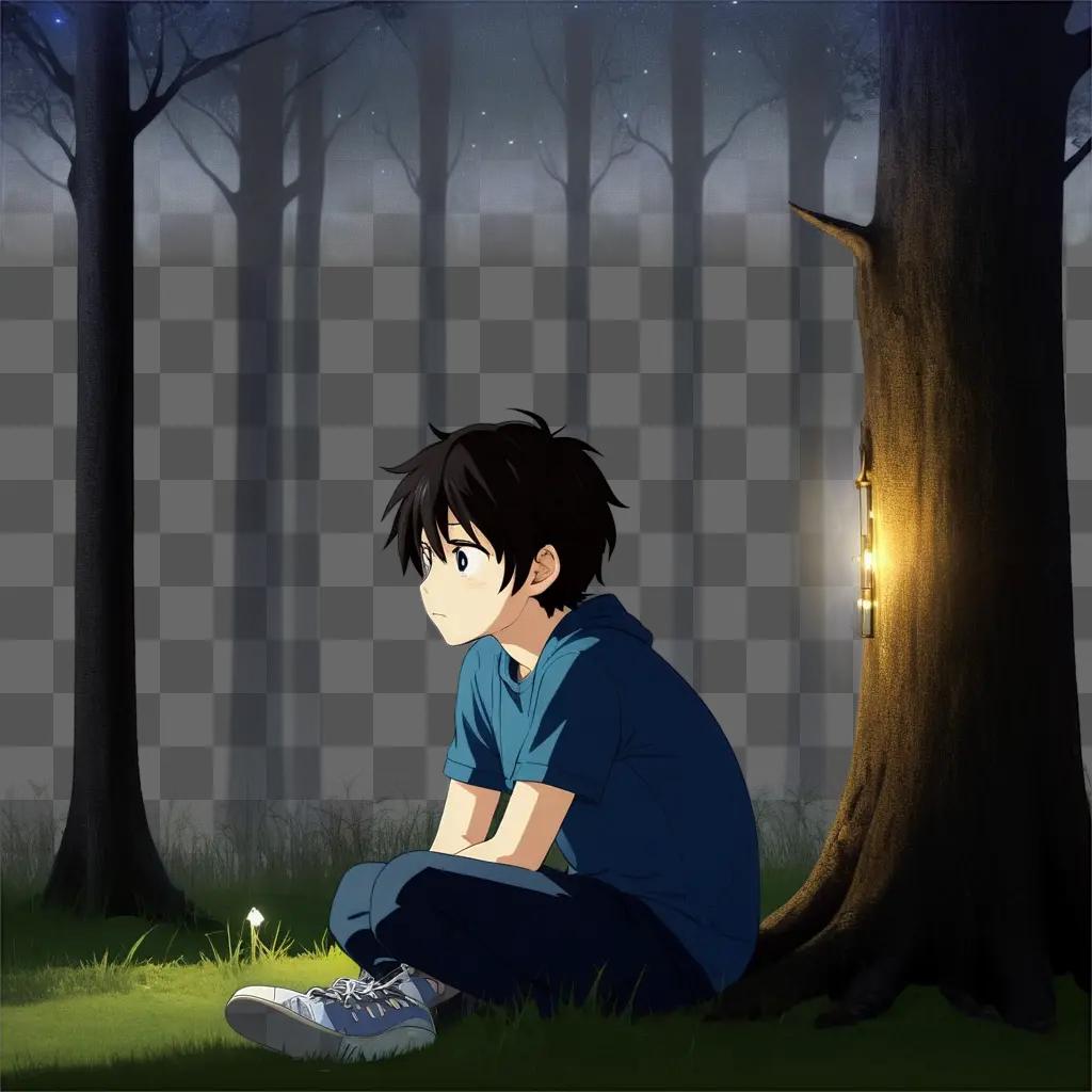 depressed anime boy sits alone in the woods