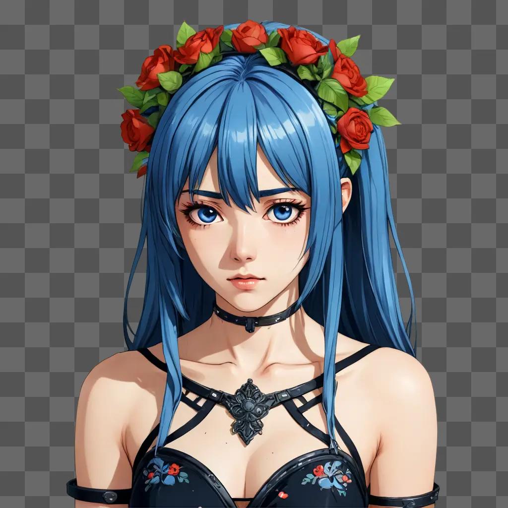 depressed anime girl A blue-haired girl wears a rose crown and a black necklace