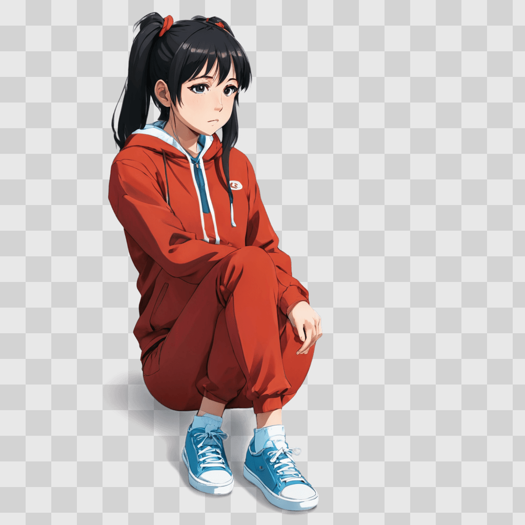 depressed anime girl A girl in a red outfit with blue shoes sits on a red background