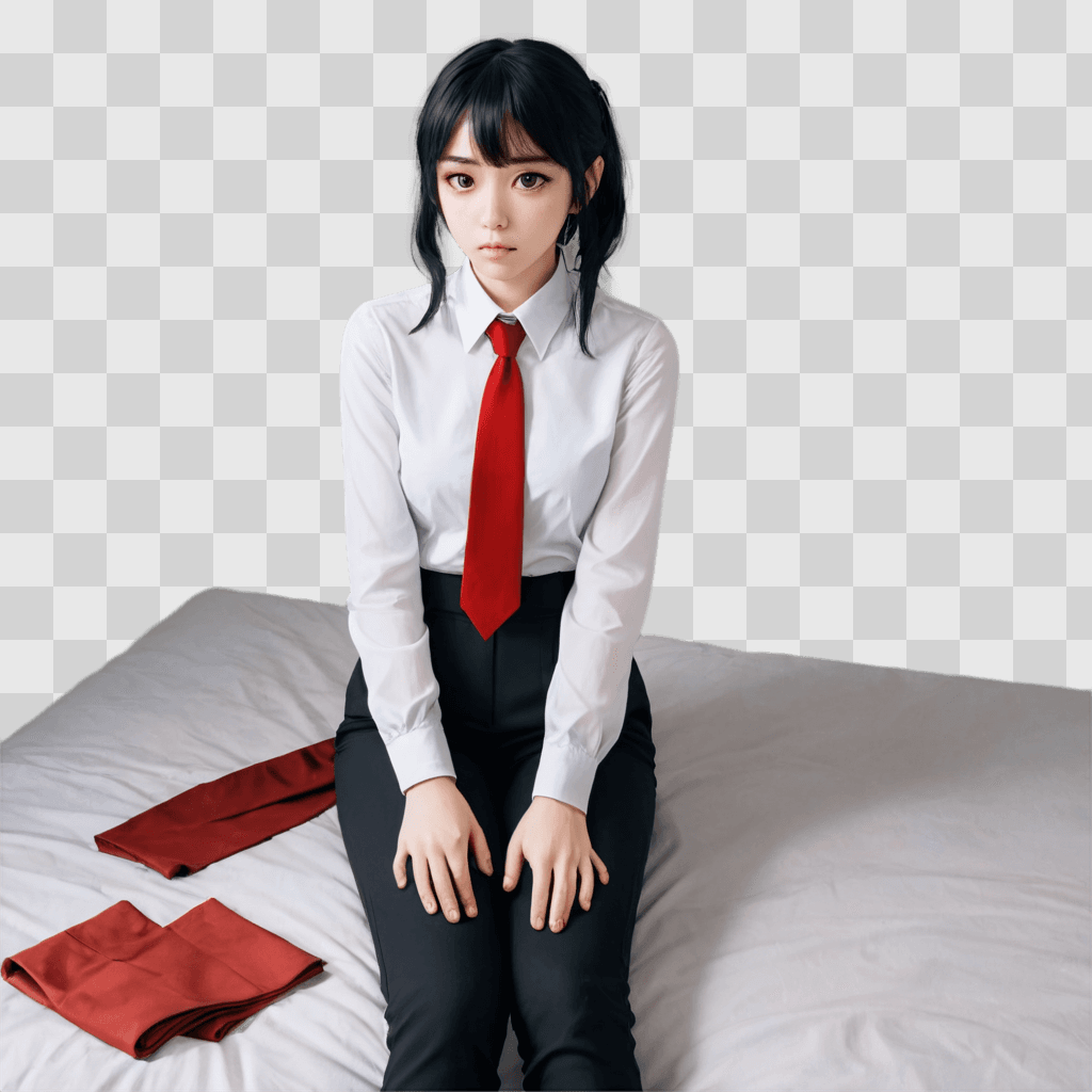 depressed anime girl A girl in a white shirt and red tie sitting on a bed