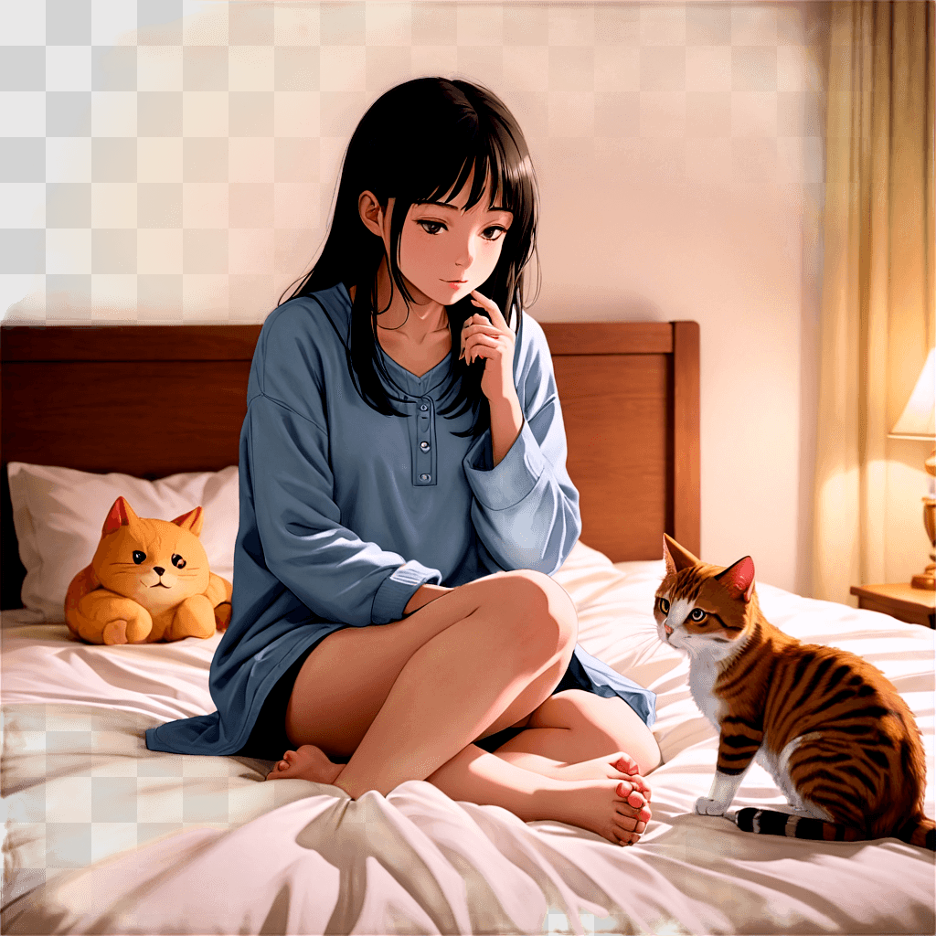 depressed anime girl A girl sits on bed with two cats