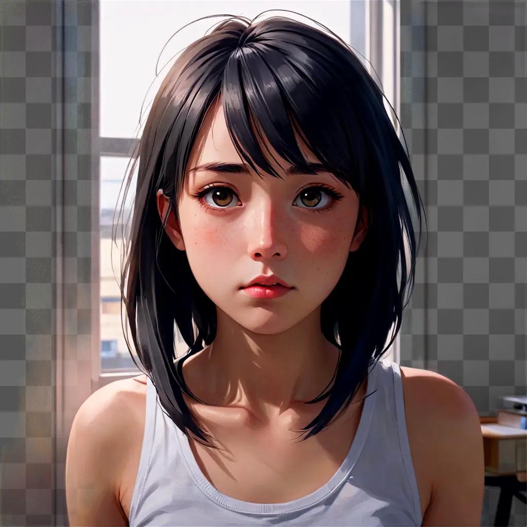 depressed anime girl A young girl in a tank top stares at the camera