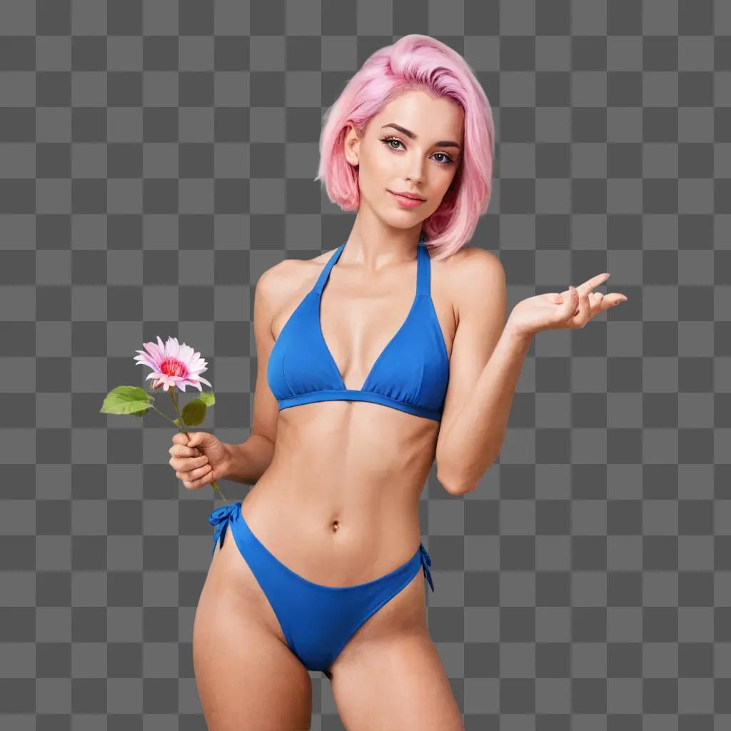 design flower drawing A woman in a blue bikini holds a flower