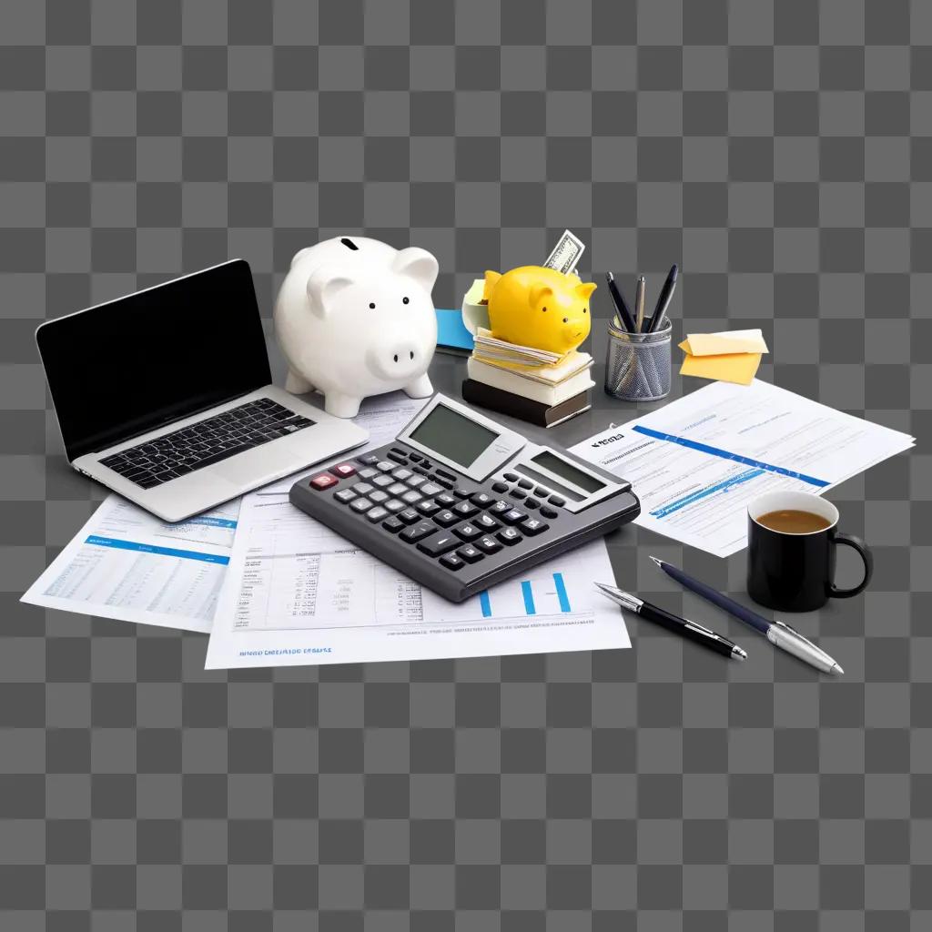 desk with a calculator and a piggy bank for budgeting