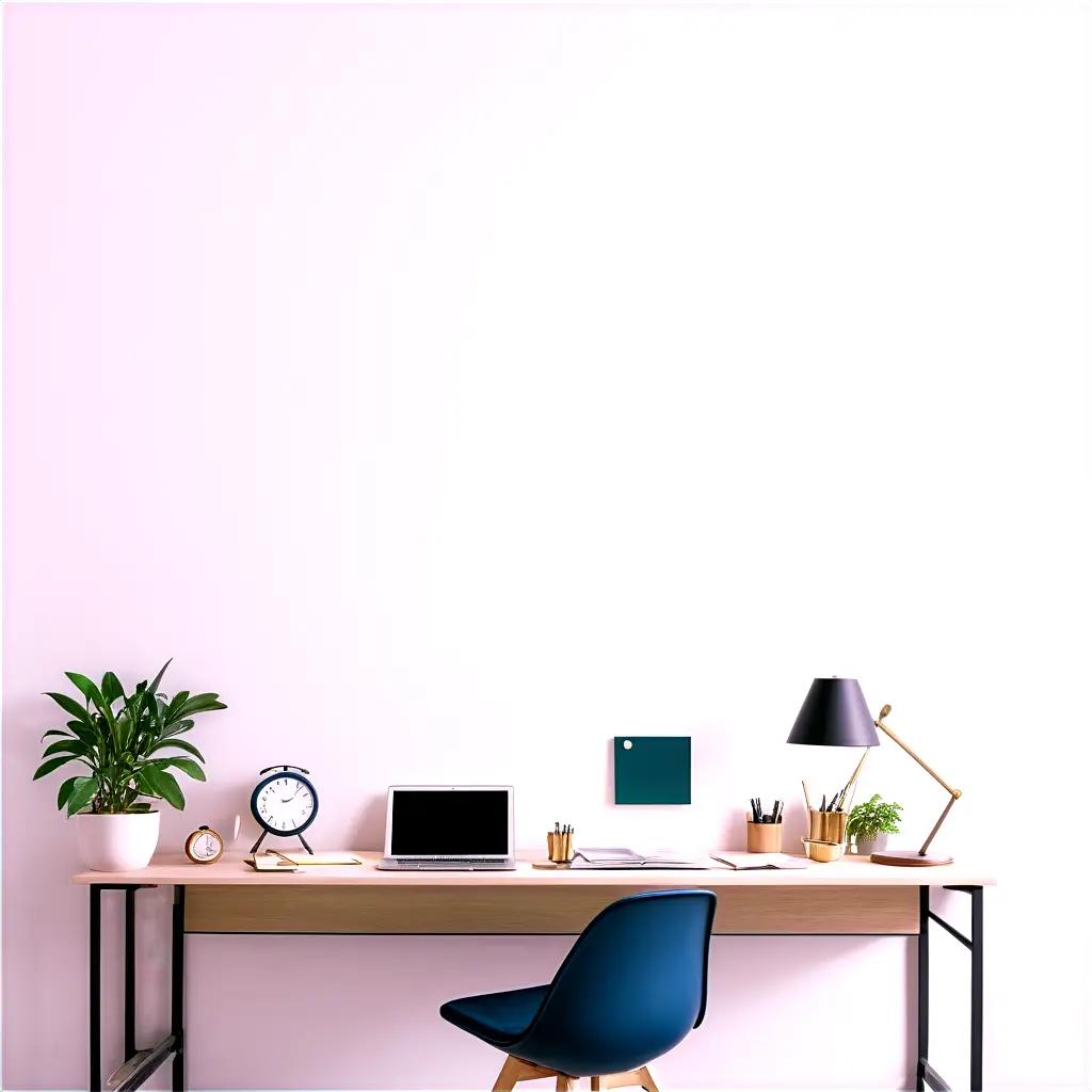 desk with a laptop, a plant, and a clock for time management