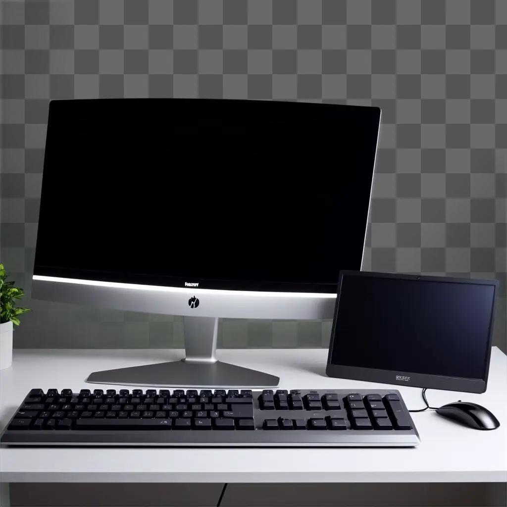 desktop computer sits on a desk with a black keyboard and mouse