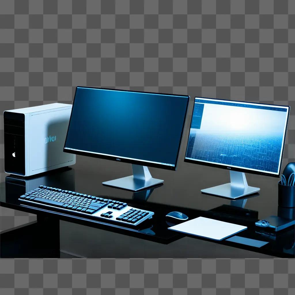 desktop with two computer monitors and a keyboard