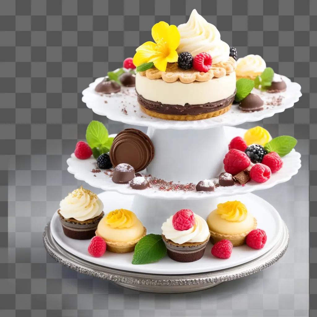 dessert display of three levels with various fruits and cakes