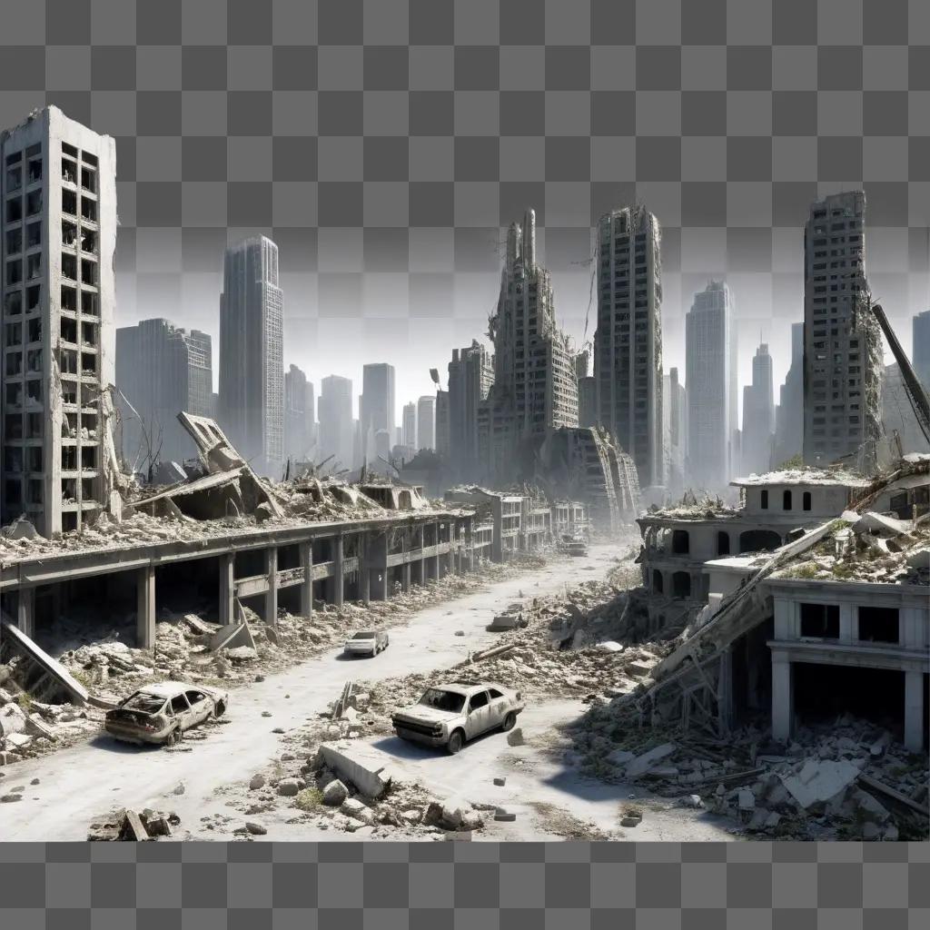 破壊された都市は廃墟と車で表示されます