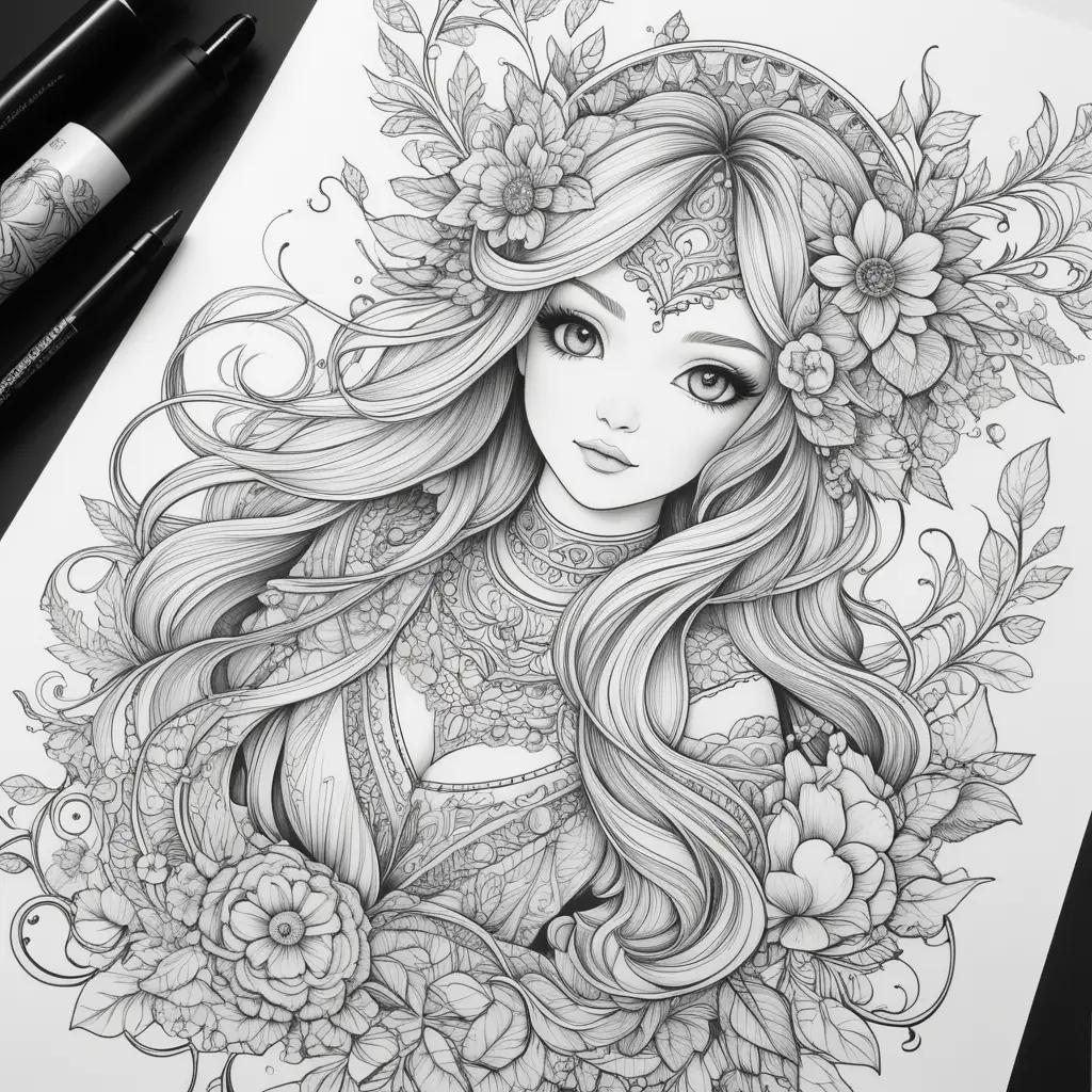 detailed adult coloring page of a girl with flowers