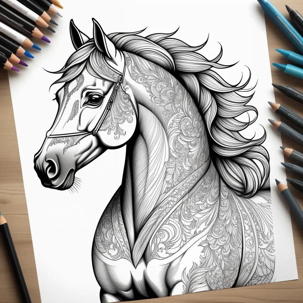 detailed black and white horse coloring page with realistic coloring options